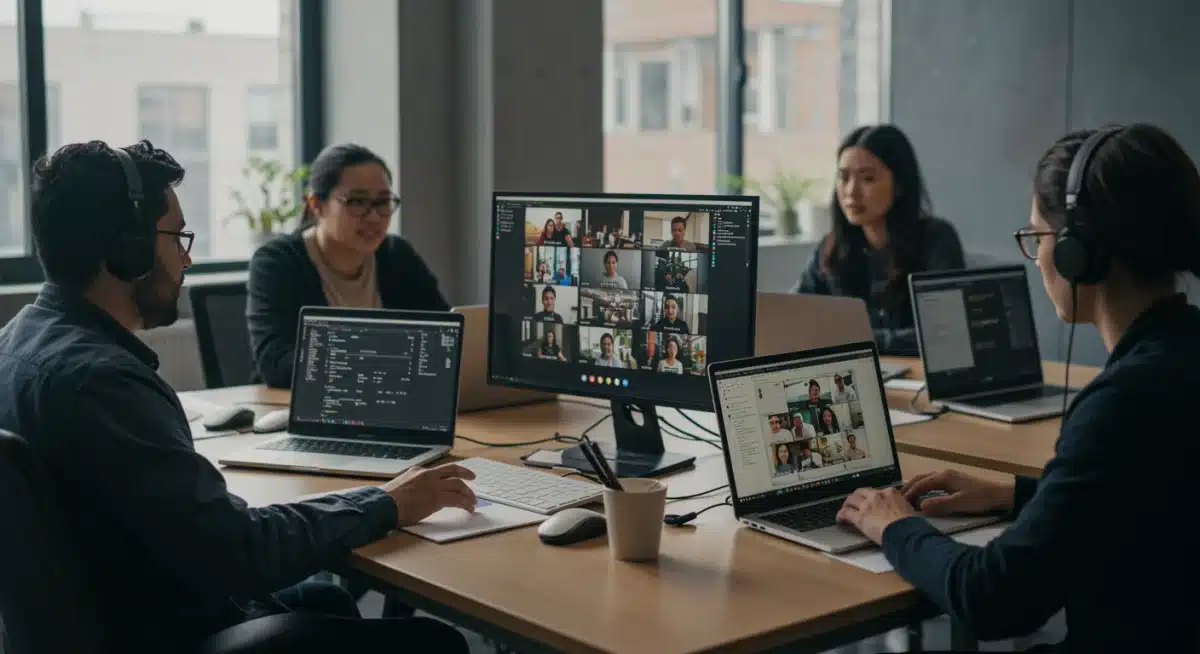 Diverse professionals engaging in virtual coding bootcamp session