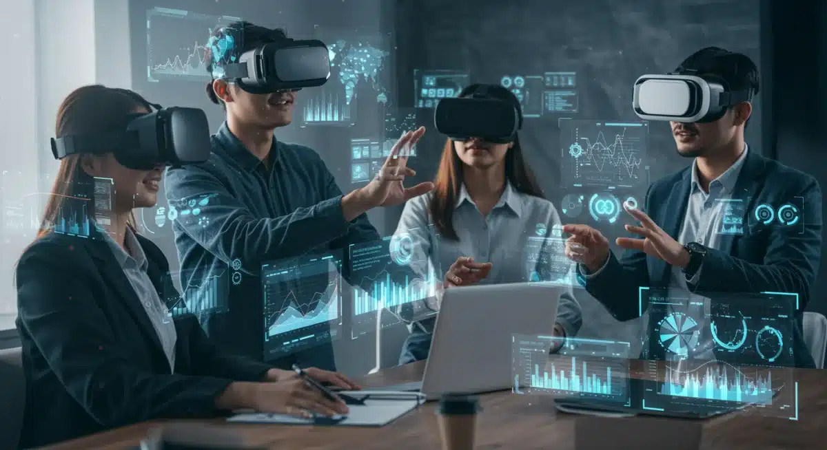 Entrepreneurs collaborating in a virtual reality meeting space