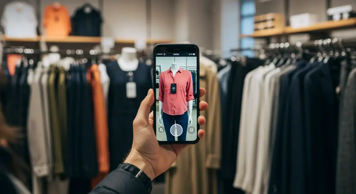 Customer using virtual try-on AR app in a clothing store