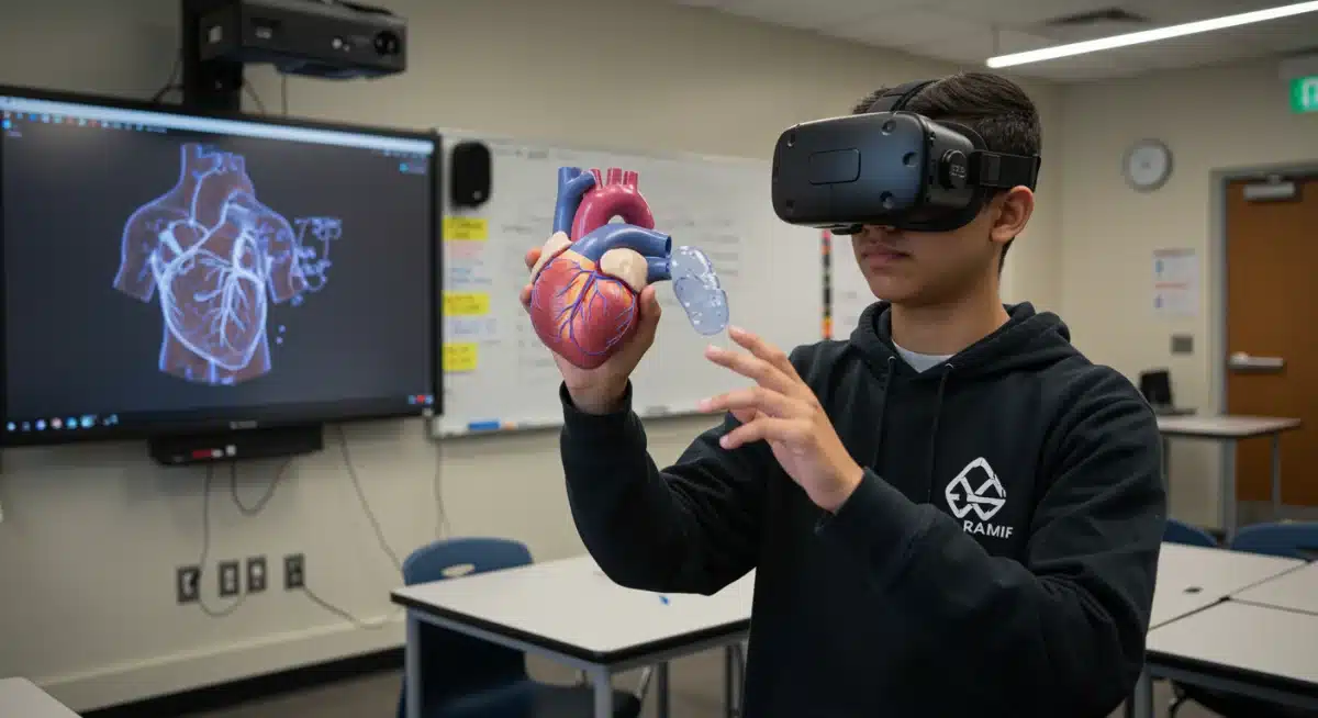 High school student exploring a 3D human heart model with VR headset in a science classroom.
