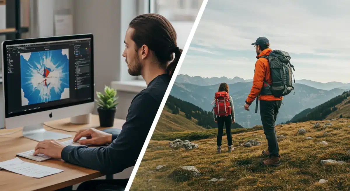 Work-life balance illustration with productive work and leisure activities