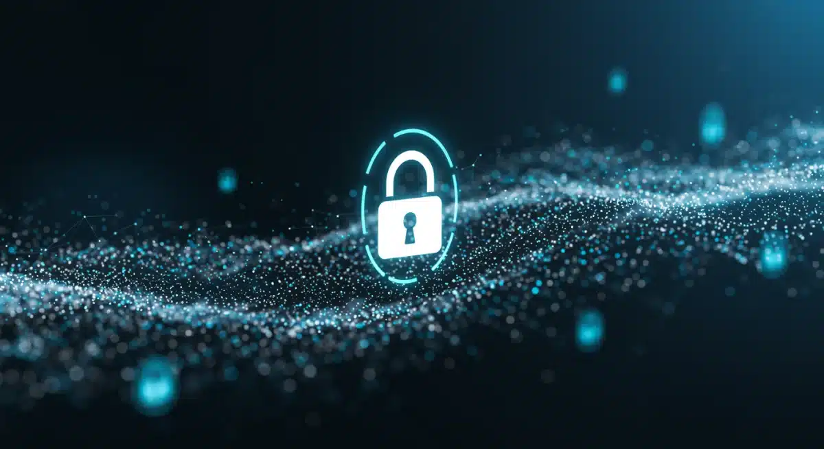 Digital data flow with security padlock icon