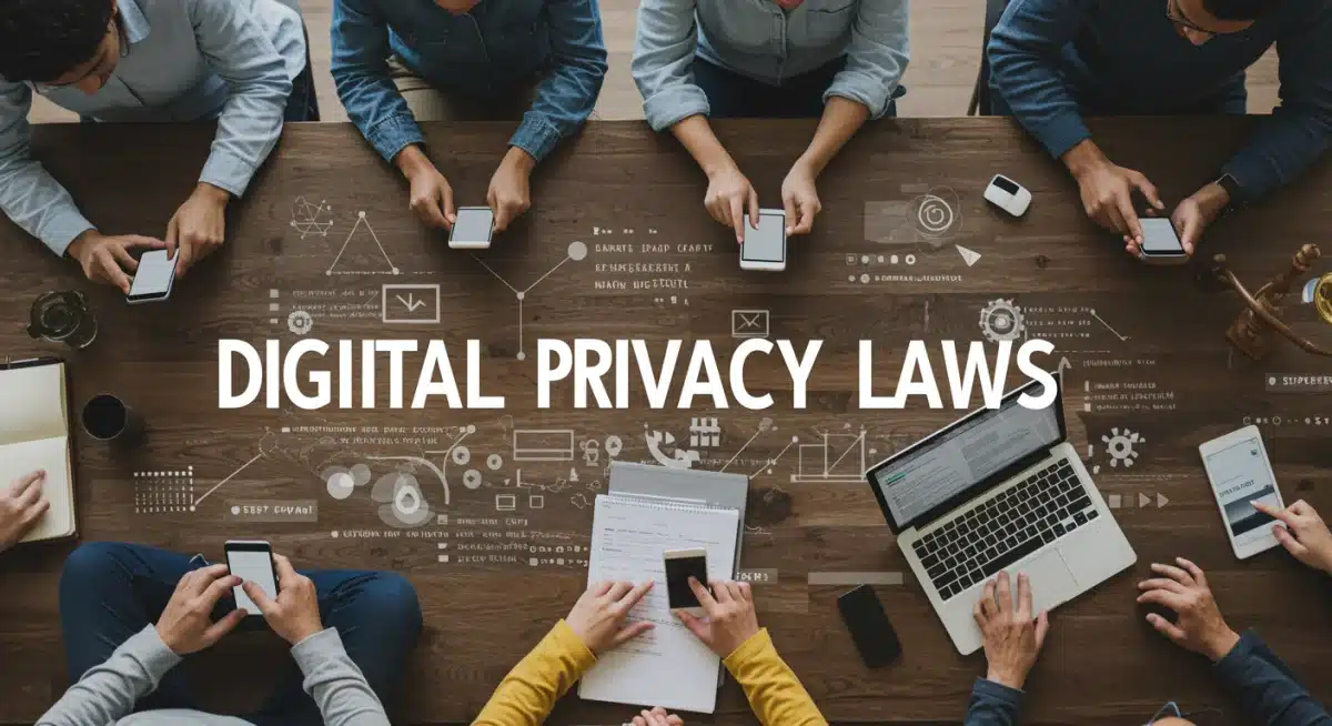 People using digital devices with legal privacy overlay