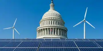 US Capitol with solar panels and wind turbines, symbolizing renewable energy legislation.
