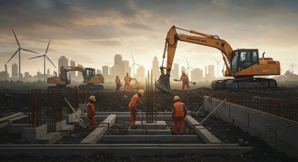 Construction workers and heavy machinery building new infrastructure projects funded by the bill.