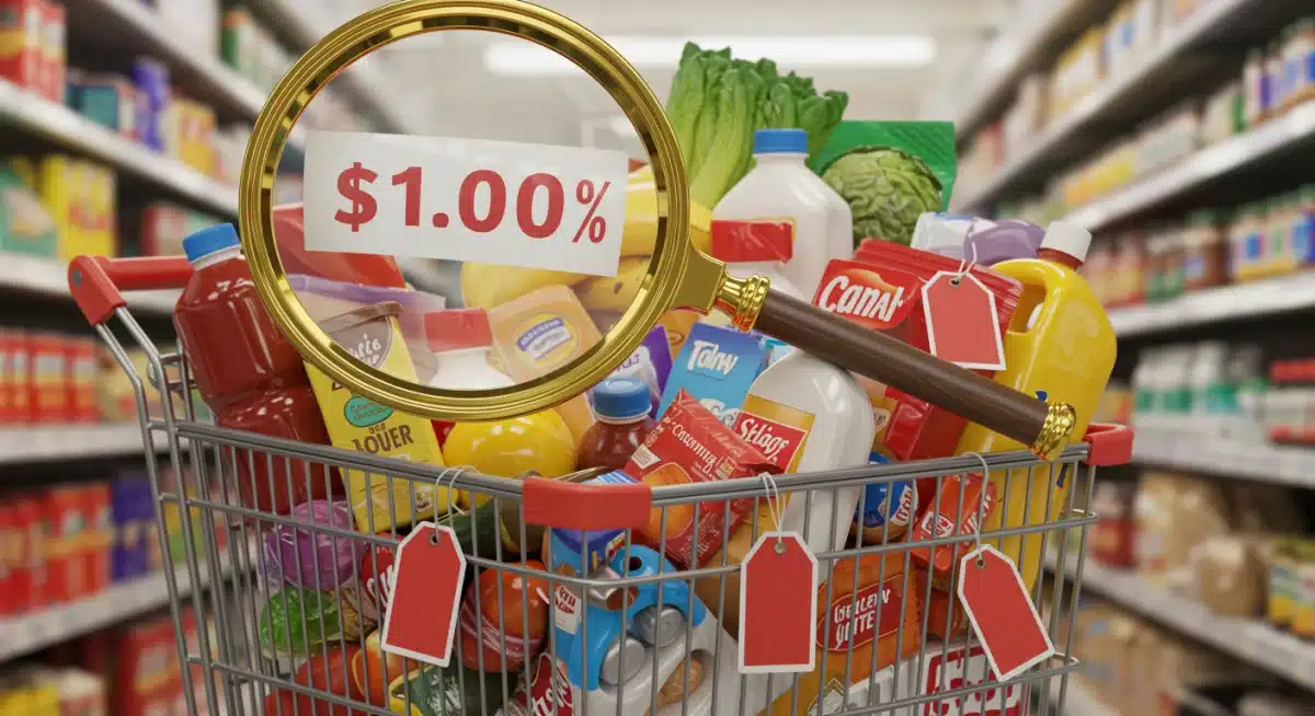 Shopping cart with groceries and emphasized rising price tags