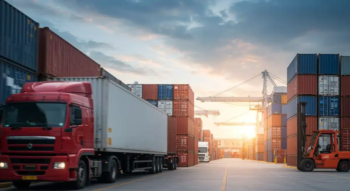 Logistics hub with trucks and cargo, showing supply chain improvements from infrastructure investment.