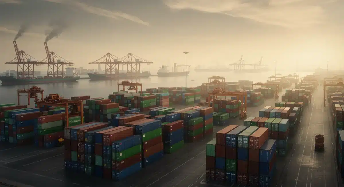 Shipping containers stacked at a busy port, illustrating supply chain bottlenecks