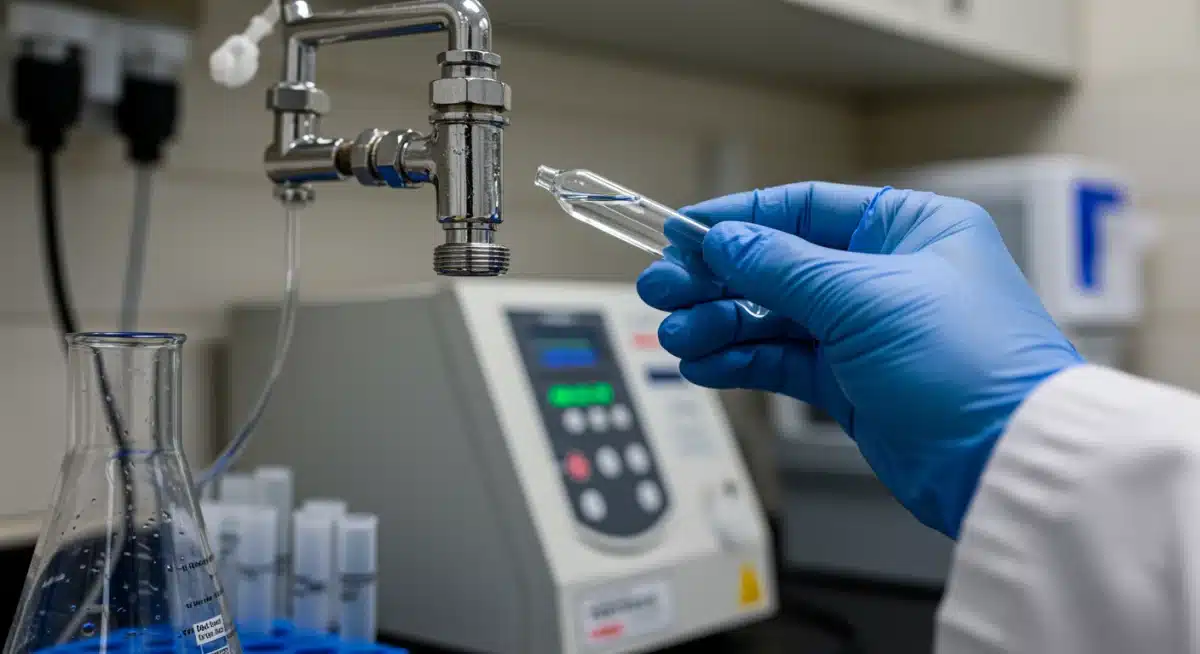 Water technician collecting a sample, symbolizing enhanced testing for new EPA water quality standards.