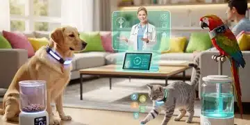 Futuristic pet wellness technologies and happy pets in a modern home setting.