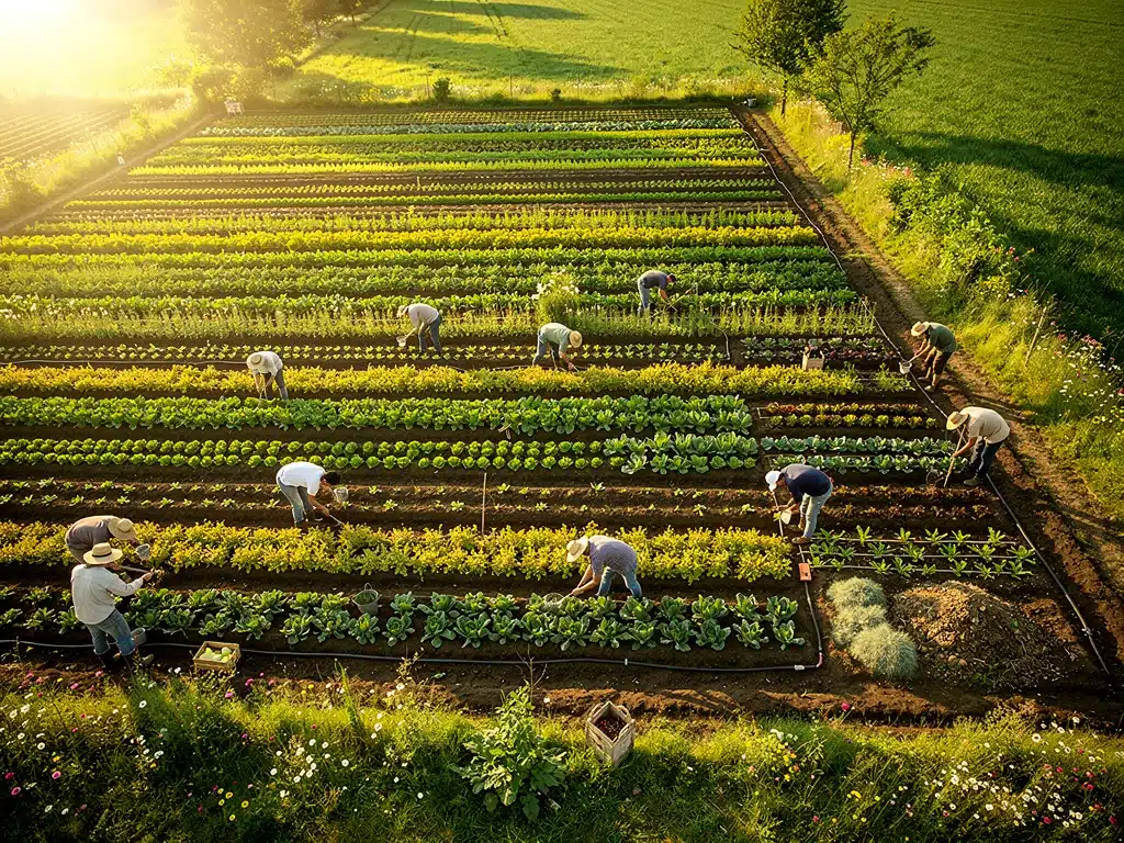 Aerial view of an organic farm with diverse crops, showcasing ethical sourcing and sustainable agriculture.