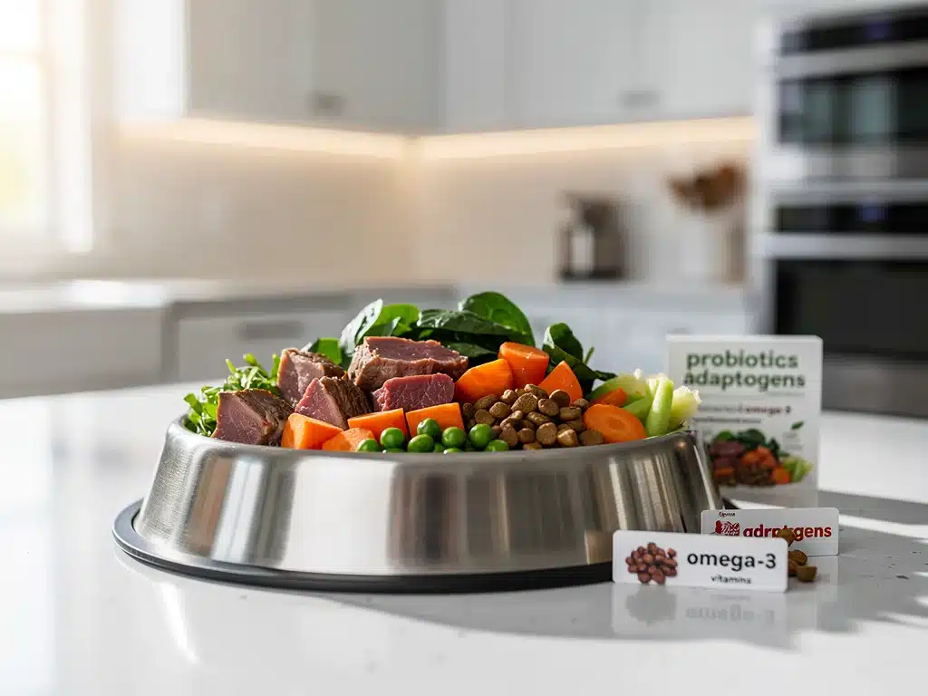 Personalized pet nutrition bowl with custom-formulated food for optimal health.