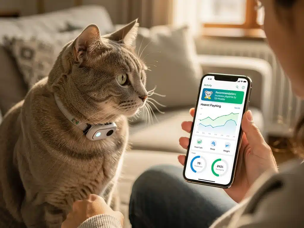 Pet owner using a smart device to monitor cat's health and activity levels.