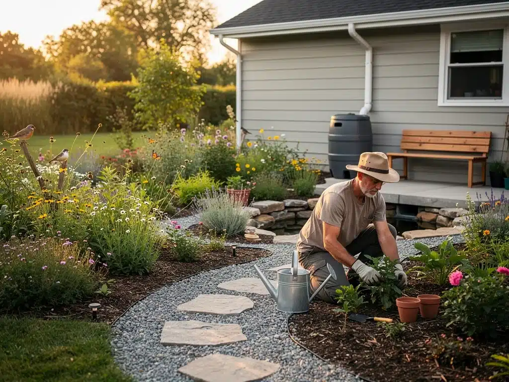 Sustainable backyard garden with native plants and water conservation features