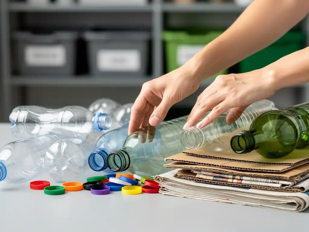 Hands sorting recycled materials, representing sustainable waste management practices.