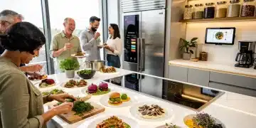 Futuristic kitchen with people enjoying innovative plant-based dishes, representing 2026 food trends.