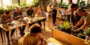 Adults engaging in diverse hobbies like pottery, board games, and gardening, symbolizing rediscovered joy and connection.