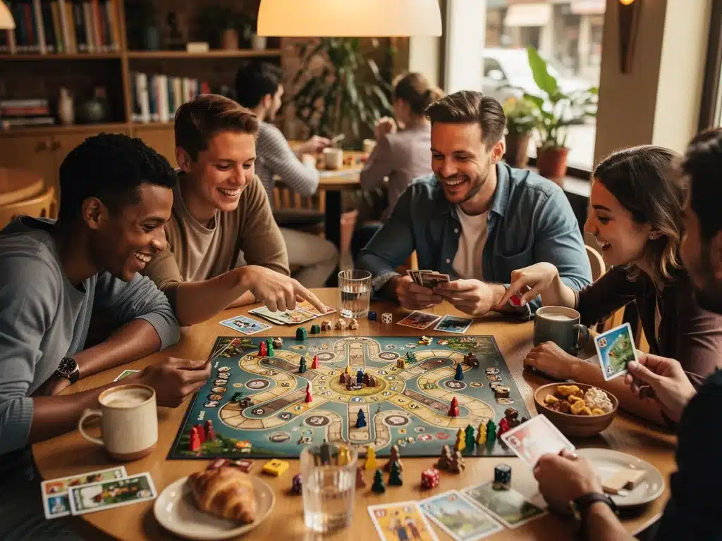 Friends playing a complex board game at a cafe, showing social engagement and strategic fun.
