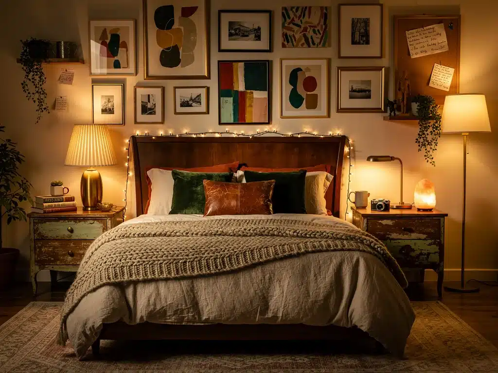 Eclectic bedroom with vintage furniture and personalized decor