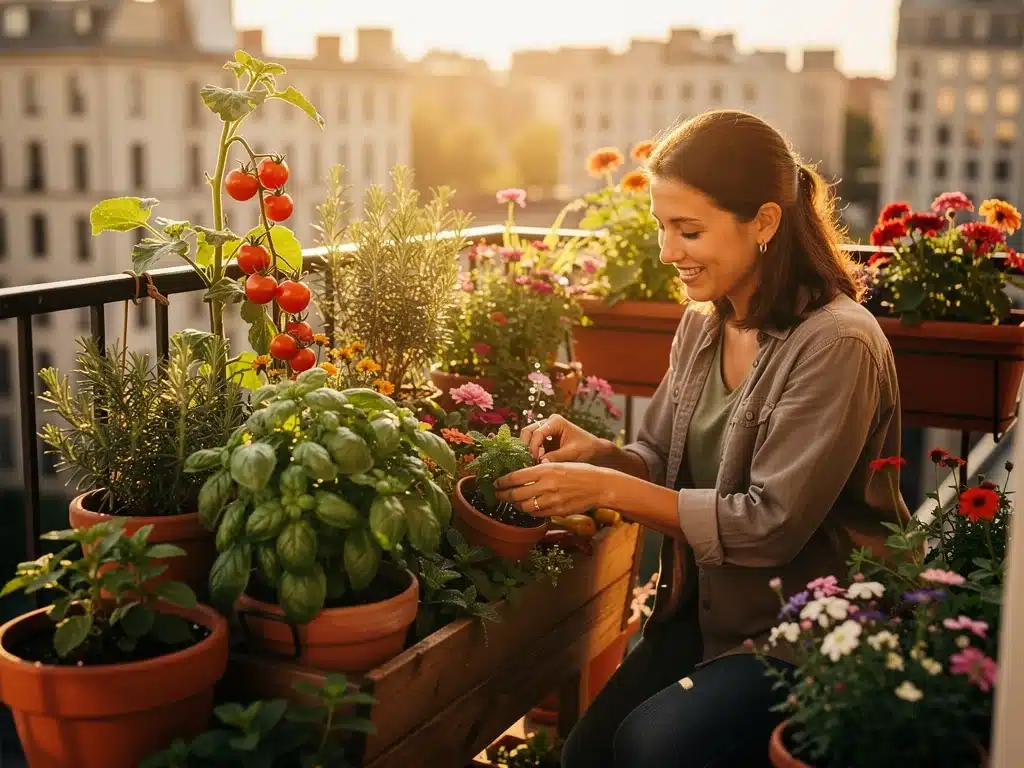 Adult engaged in container gardening, tending to plants on a balcony, embodying nature connection.