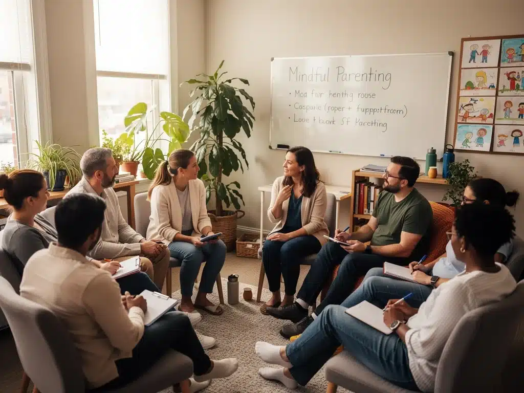 Parents in a mindful parenting workshop, fostering community support.
