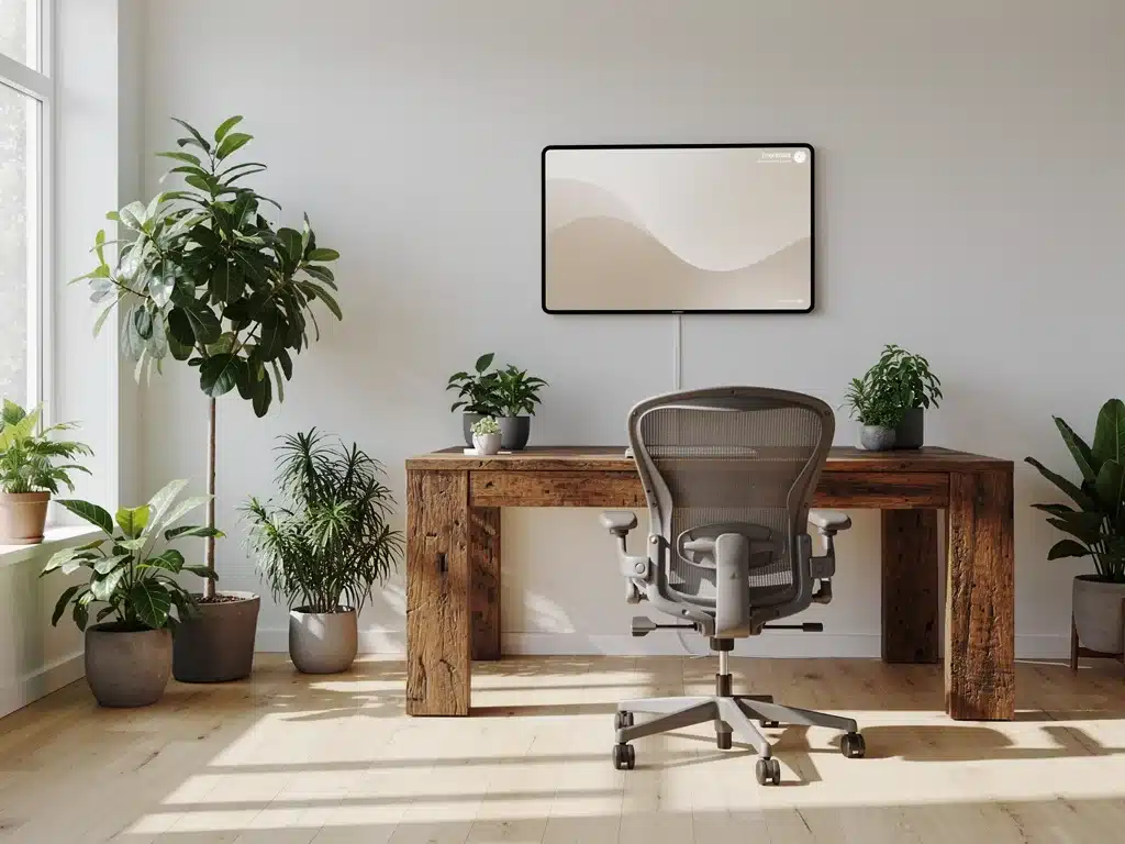 Minimalist home office with reclaimed wood and smart display