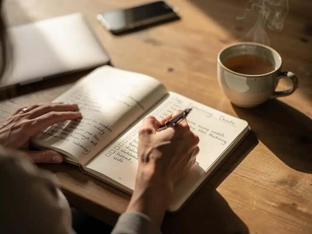 Person journaling and planning for the day ahead, a key habit for American productivity.