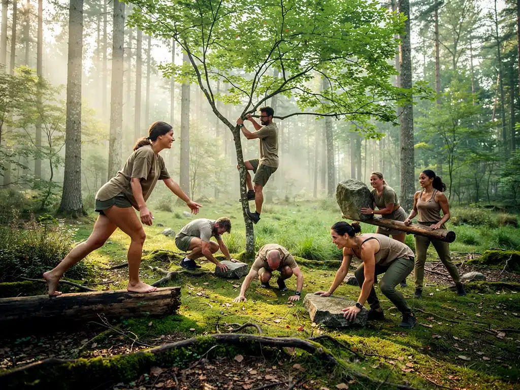 Outdoor rewilding fitness class in a natural setting