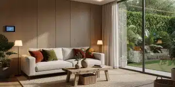 Sustainable luxury living room with natural materials and smart home features