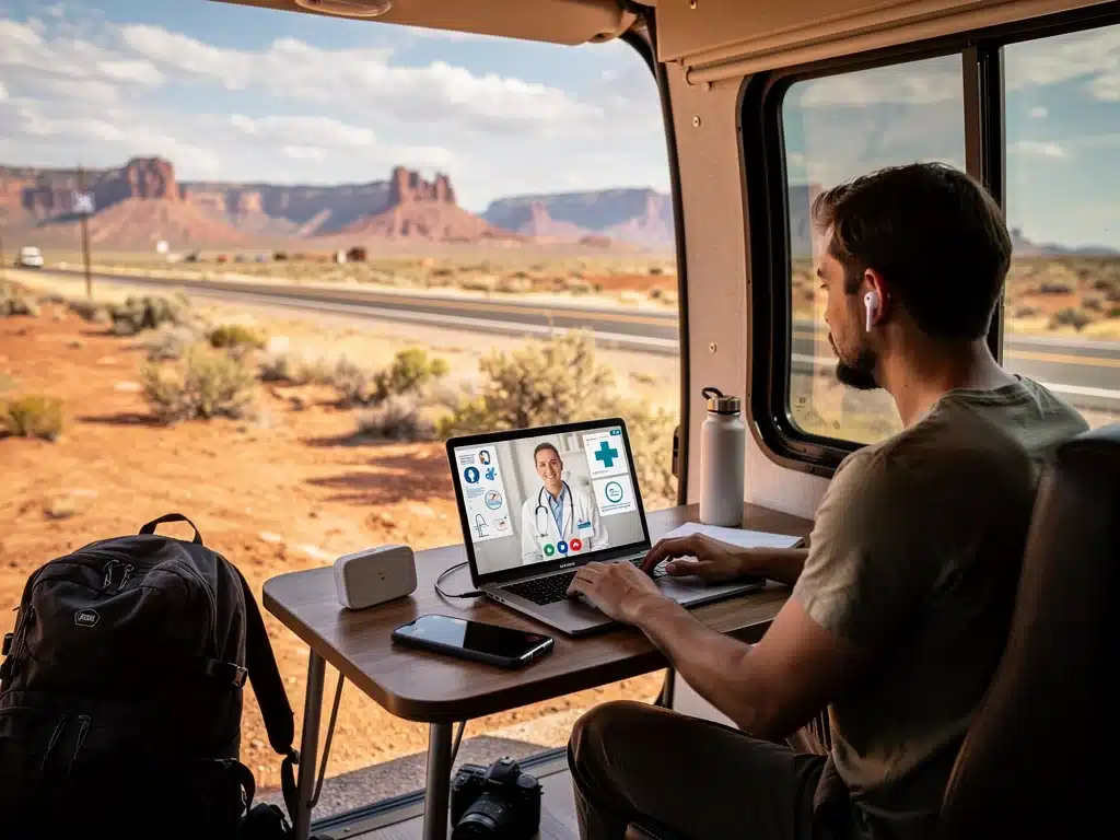 Digital nomad engaging in a telehealth appointment, highlighting remote healthcare access in the US.