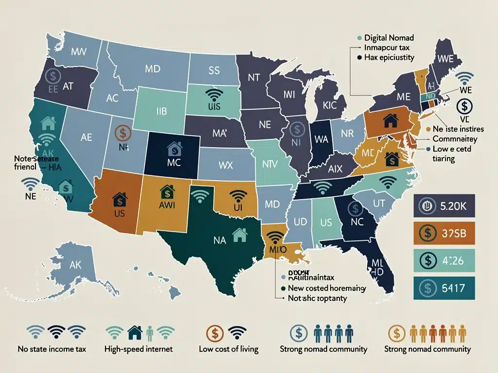 Infographic detailing state-specific tax and cost of living considerations for digital nomads in the US.