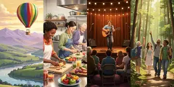 Diverse individuals enjoying various unique experiences like hot air ballooning, cooking classes, and nature hikes, representing the 2026 guide to gifting experiences.