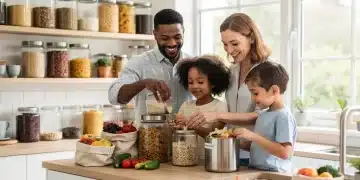 American family embracing zero-waste living in their kitchen with reusable items