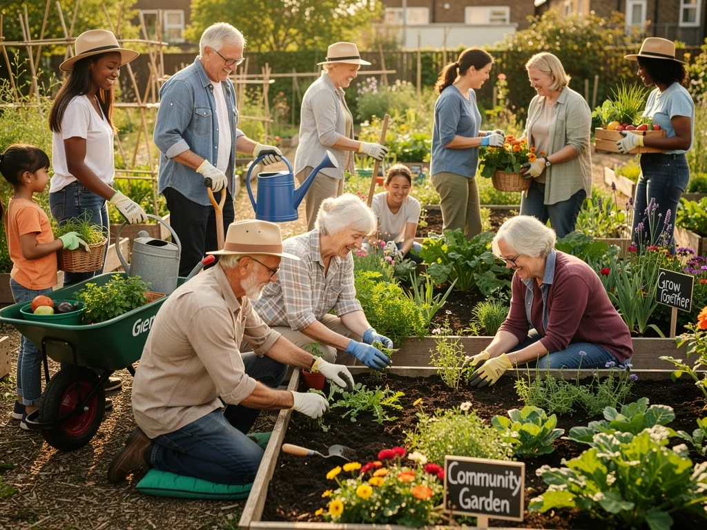 Multi-generational group gardening, illustrating community engagement and purpose in well-aging.