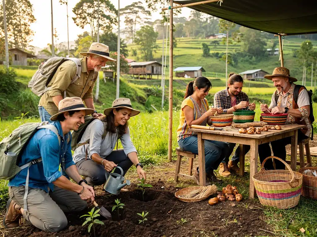 American travelers engaging in community-based tourism, supporting local economies and conservation efforts.