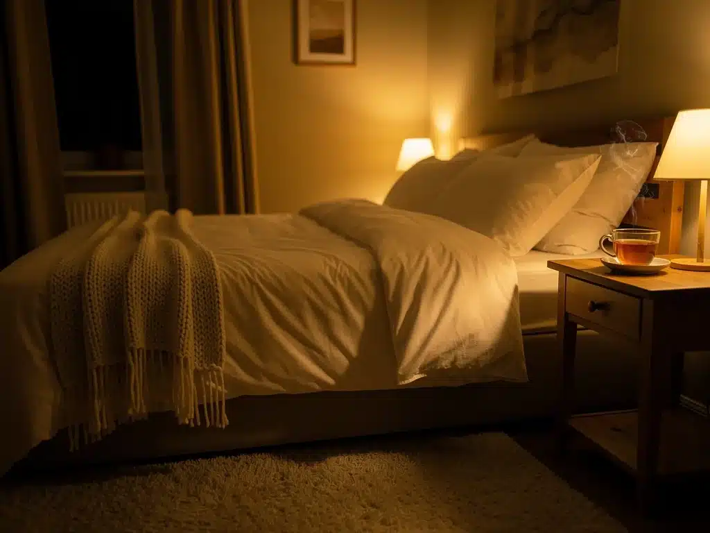 Cozy bedroom prepared for sleep with herbal tea, emphasizing bedtime routines and better rest.