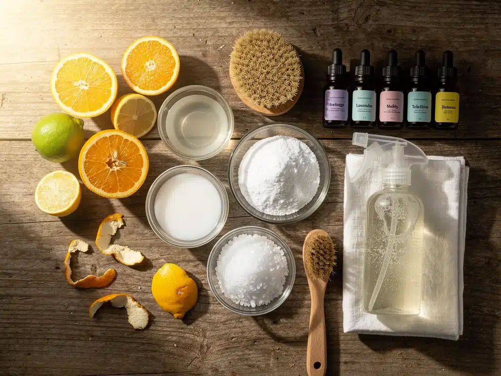Natural ingredients for homemade cleaning solutions on a wooden table, emphasizing sustainable home cleaning.
