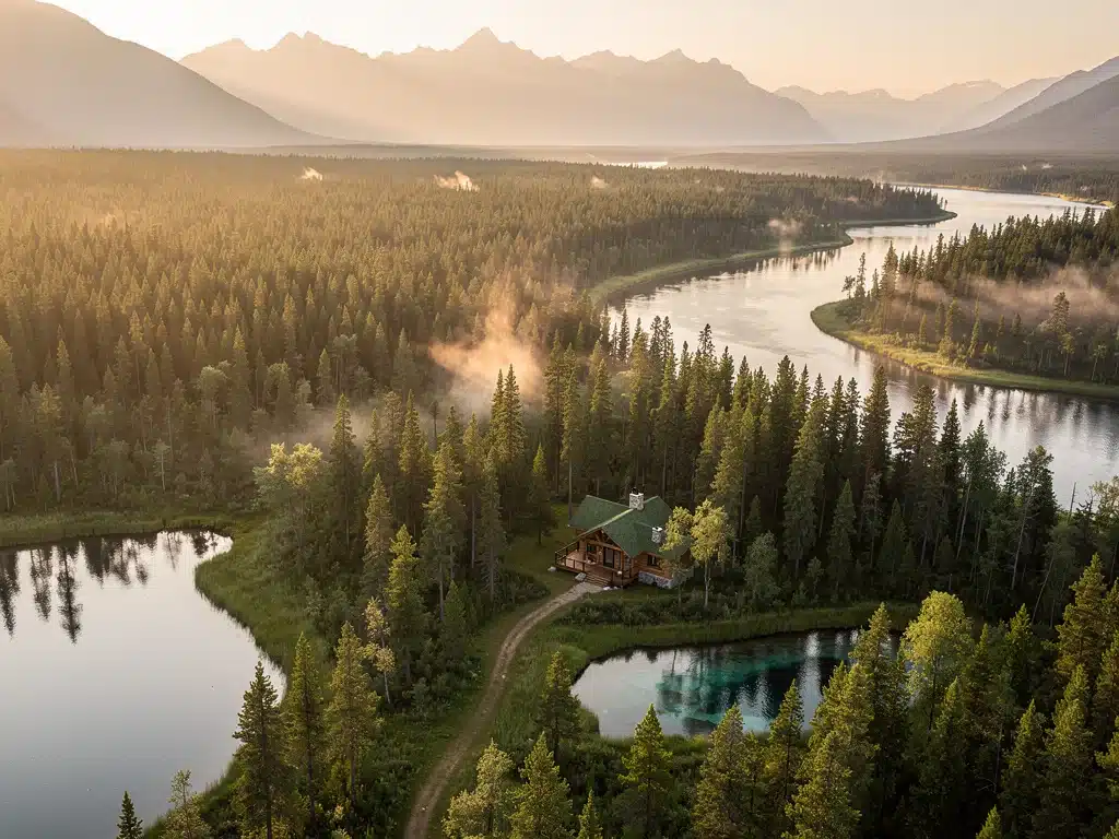 Eco-friendly lodge blending seamlessly into a natural landscape, representing low-impact accommodations.