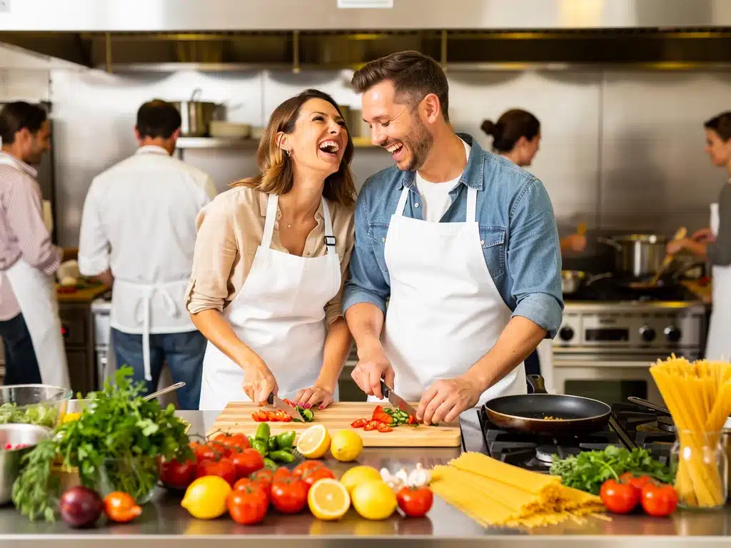 Couple enjoying a gourmet cooking class, a perfect unique experience gift for American celebrations.