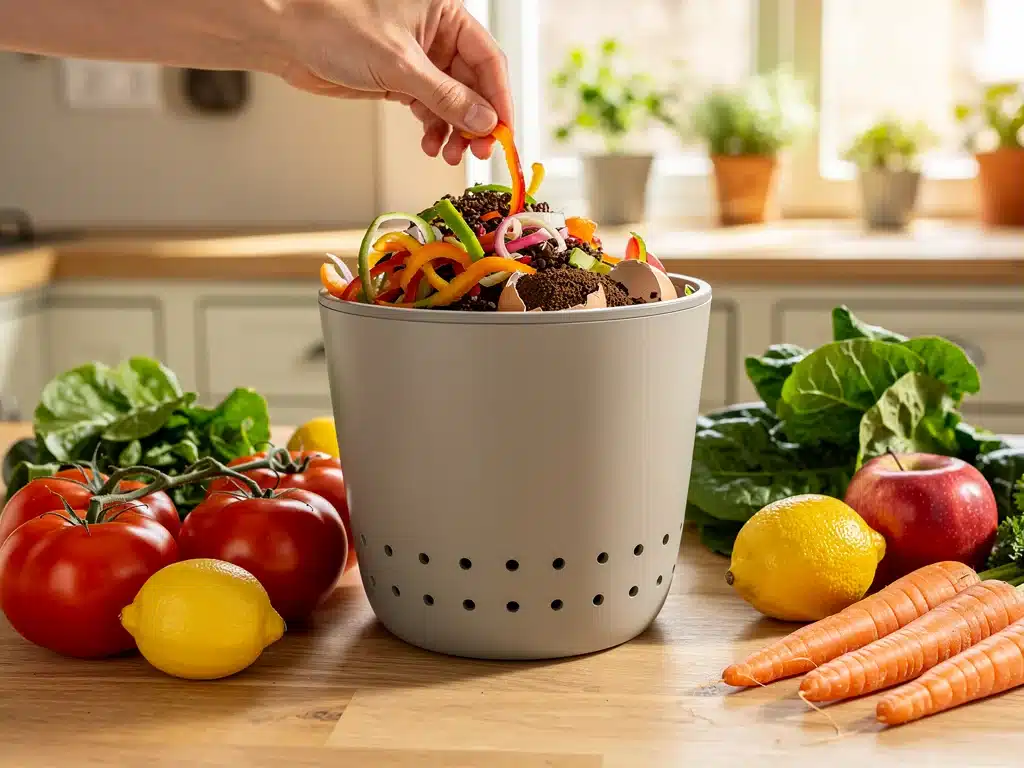 Hand placing food scraps into a modern kitchen composting bin