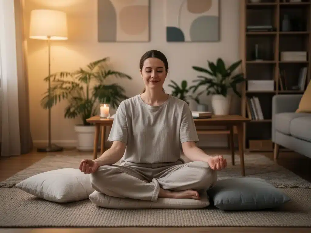 Person meditating in a calm living room setting, promoting mindfulness and evening tranquility.