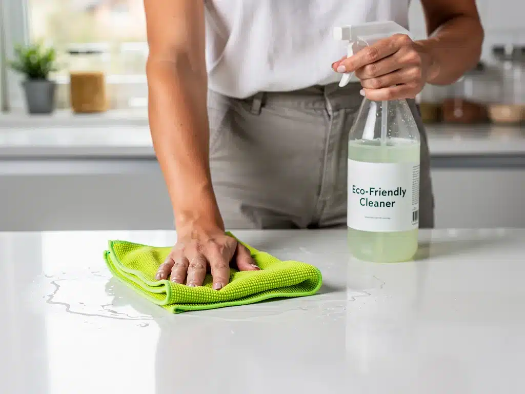 Person cleaning kitchen with reusable cloth and natural cleaner, demonstrating eco-friendly cleaning solutions.
