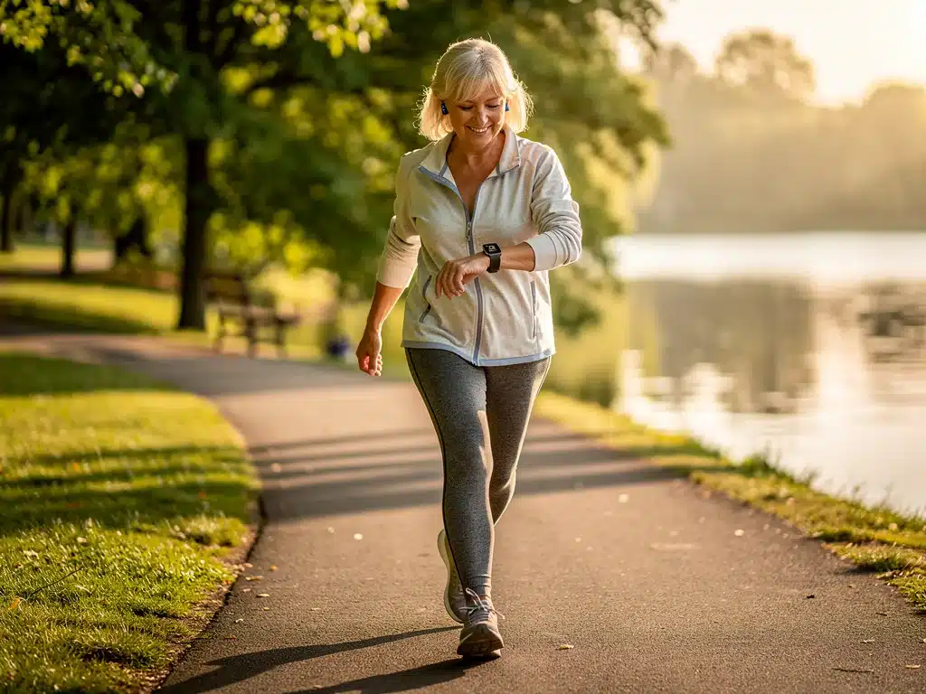 Woman over 50 using fitness tracker, demonstrating proactive health management for well-aging.