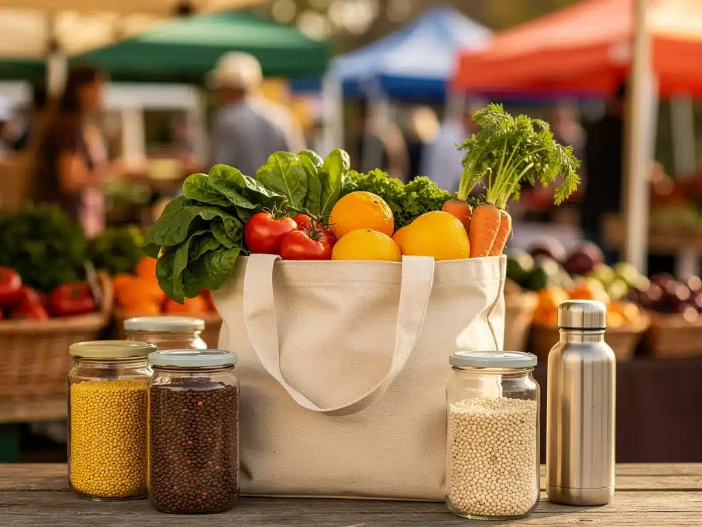 Reusable shopping bag with unpackaged groceries at a farmer's market