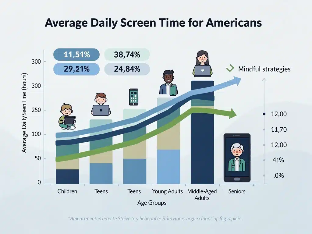 Infographic showing decreasing screen time for Americans through mindful strategies.