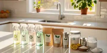 Eco-friendly cleaning products on a modern kitchen countertop, highlighting sustainable home cleaning trends.