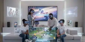 Family experiencing future home entertainment with VR and holograms in 2026