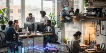 Professionals thriving in a reimagined work-life balance by 2026, showcasing hybrid work flexibility