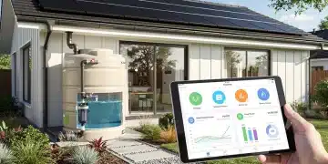 Modern US home showcasing solar panels, rainwater harvesting, and smart energy management for sustainable living.